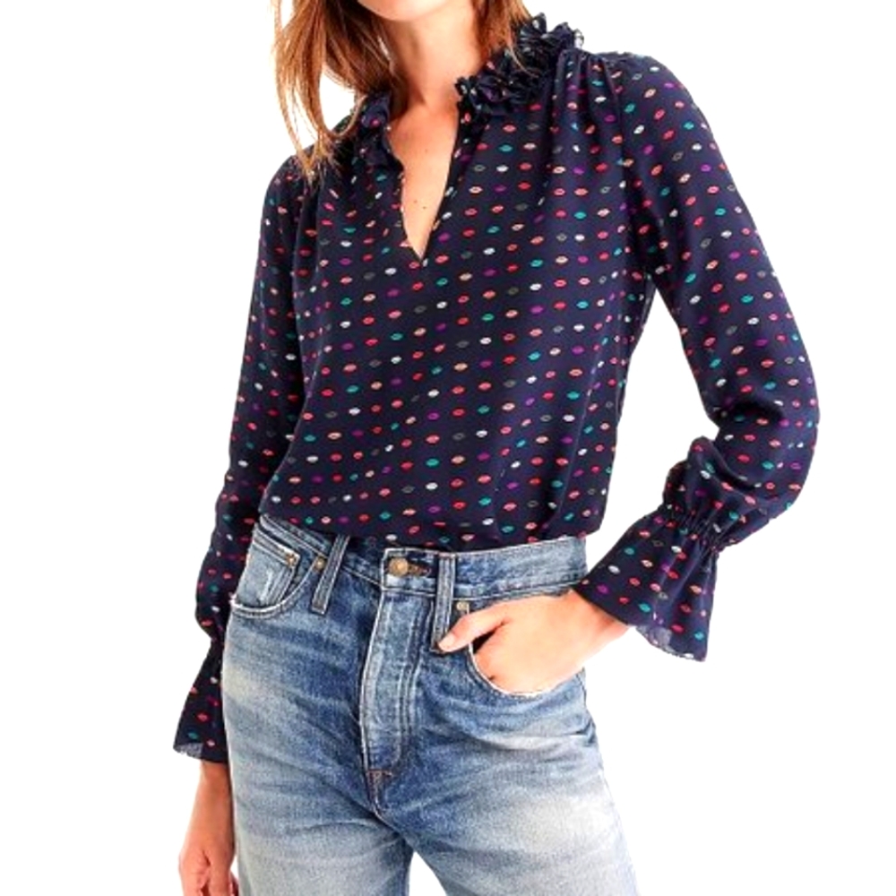 J. Crew Ruffle-neck Silk Top – Lips Print